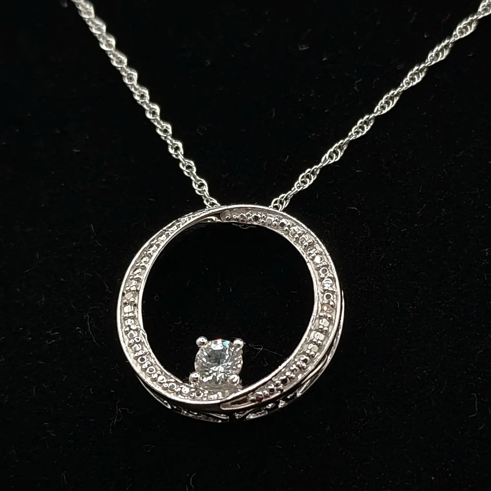 Sterling Silver White Sapphire And Natural Accent Diamond 16" Necklace VVS1 - Picture 1 of 4